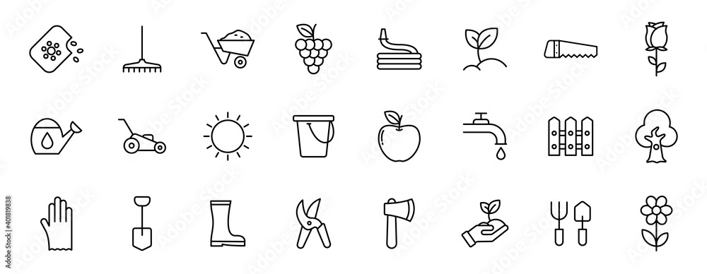 Poster garden outline vector icons isolated on white. gardening icon set for web and ui design, mobile apps
