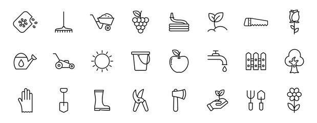 garden outline vector icons isolated on white. gardening icon set for web and ui design, mobile apps and print products