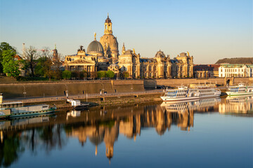 Stunning view at sunrise of the historic old town, Brühl's Terrace and the rebuilt Dresden...