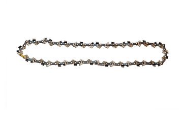 Metal chain saw pattern isolated on white background. Gray metal texture from chainsaw chains links