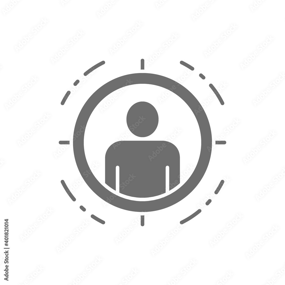Poster man in target scope, identity check grey icon.
