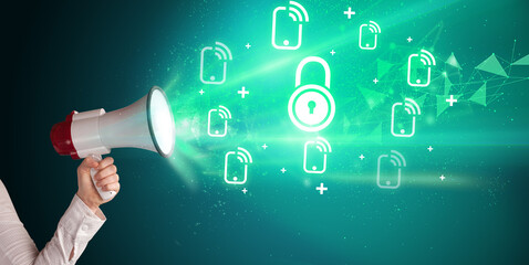 Young person yelling in loudspeaker with lock icon, modern technology concept