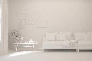 White minimalist living room with sofa. Scandinavian interior design. 3D illustration