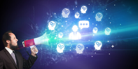 Young person with megaphone and leader icon, new business model concept