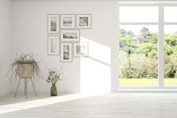 Stylish empty room in white color with summer landscape in window. Scandinavian interior design. 3D illustration