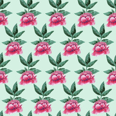 Watercolor floral pattern with pink peony and green leaves. Seamless digital paper.