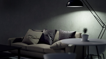 Modern interior, dark minimalistic room with sofa lamp and a table, at night 3d render.