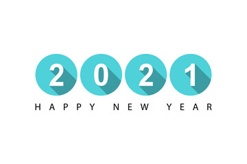 2021 Happy New Year Text with Long Shadows and Blue Decorative Circle Shapes isolated on White Background. Flat Vector Illustration Design Template Element for Poster, Banner and Greeting Cards.