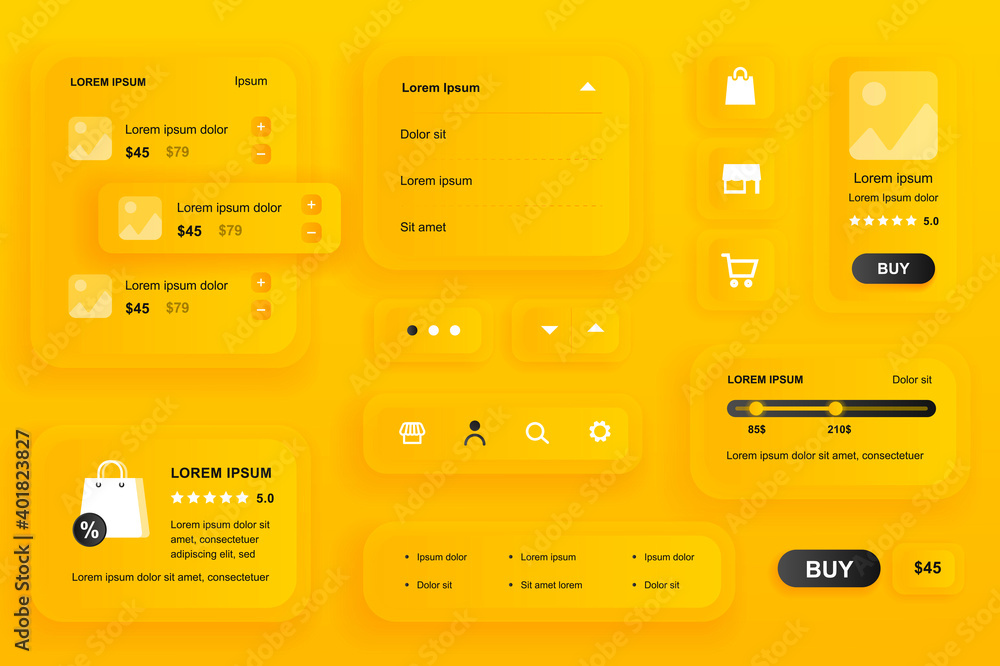 Poster gui elements for shopping mobile app. shopping platform, product rating, review and pricing user int