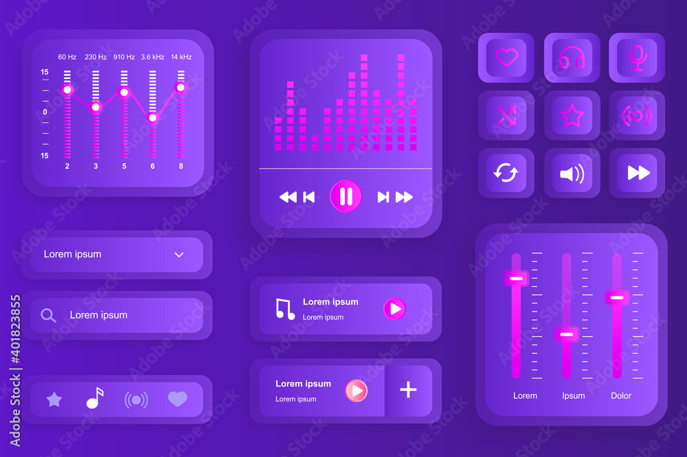 Poster GUI elements for music player mobile app. Audio equalizer settings, playlist navigation, search bar user interface generator. Unique ui ux design kit vector illustration. Music listening components.
