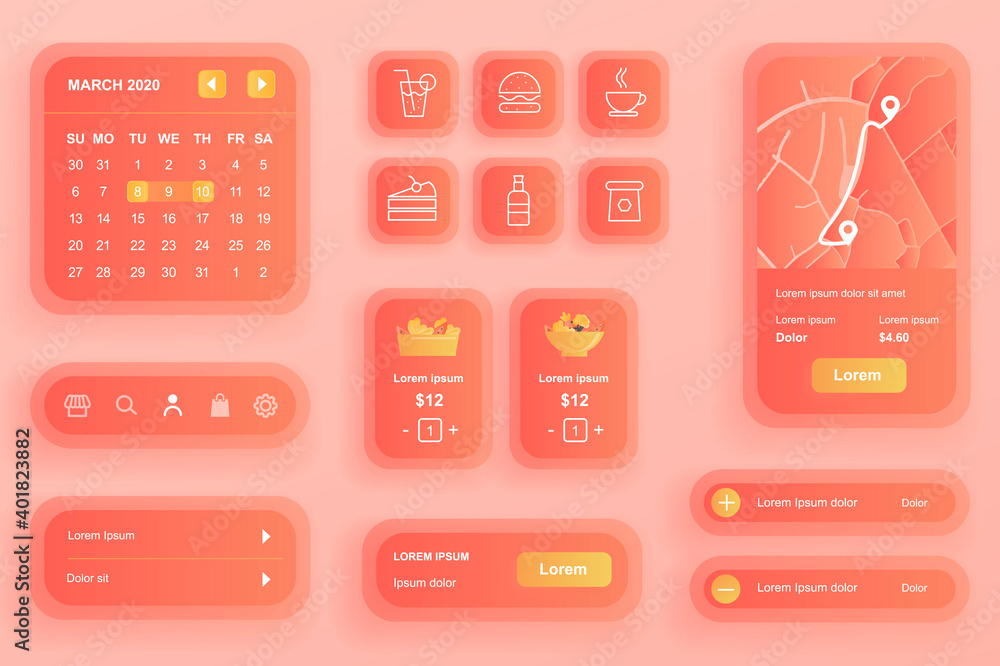 Poster gui elements for food delivery mobile app. online food order and catering service user interface gen