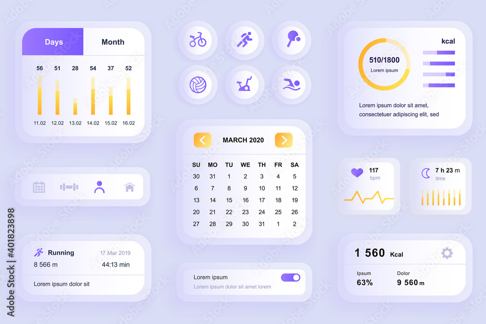 Leinwandbilder gui elements for fitness workout mobile app. fitness activity planner with calendar, heart rate moni
