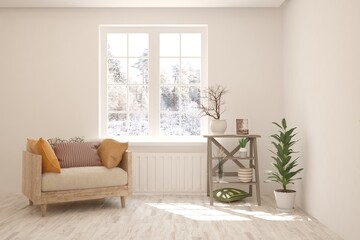 White room with armchair and winter landscape in window. Scandinavian interior design. 3D illustration