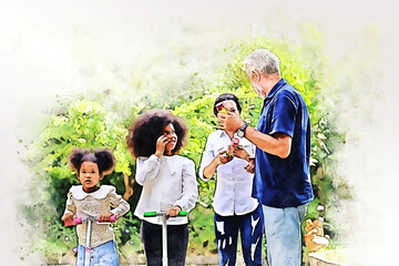 Abstract colorful Happiness family time in new year holiday weekend on watercolor illustration painting background.