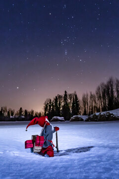 christmas elf carrying gifts on a snowy field under the stars