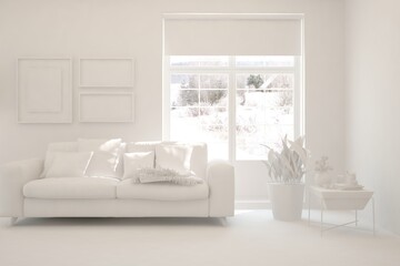 Mock up of stylish room in white color with sofa and winter landscape in window. Scandinavian interior design. 3D illustration