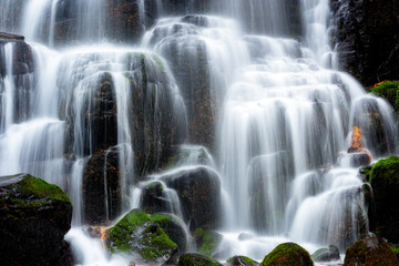 Naklejka na ściany i meble Magical waterfall with moss covered rocks in a rain forest