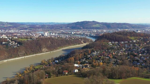 Aerial drone footage of Leonding Linz and Danube