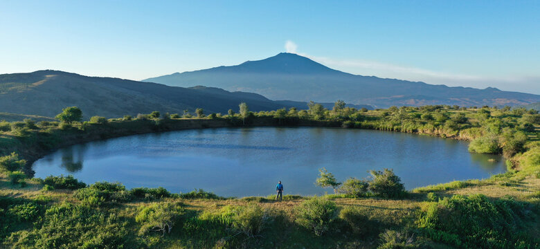 180 degree virtual reality panorama of the Nebrodi lakes valley with a view of the Etna volcano, Sicily, Italy.