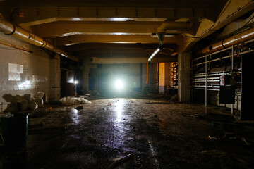 Old broken empty abandoned industrial building interior