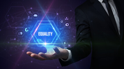 Man hand holding EQUALITY inscription, social media concept