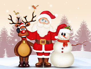Santa Claus, reindeer and snowman