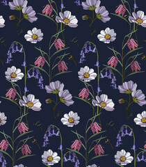 Flowers and leaves in vintage style, seamless pattern.	
