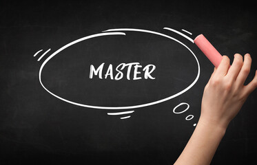 Hand drawing MASTER inscription with white chalk on blackboard, education concept