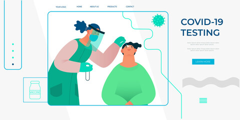 Concept for landing page or banners on covid-19 testing. Healthcare worker with protective equipment performs coronavirus swab on Caucasian man. Nose swab probe. Coronavirus testing. Vector illustrati