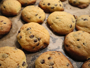 Chocolate chip cookies on table freshly baked
