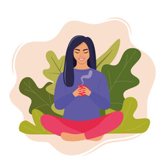 Young woman sits in a Lotus pose and holds a mug of hot drink in her hands. Cozy rest and relaxation concept. Happy cute girl resting. Isolated vector illustration.