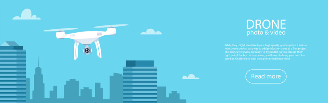 Drone with action Camera. Air Video and Photography. Flying quadrocopter with camera over the city. Vector illustration for banner.