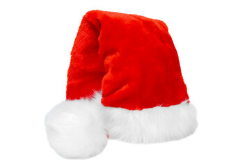 New year's red hat, Christmas cap on a white background, isolate. Image with selective background and tinting.