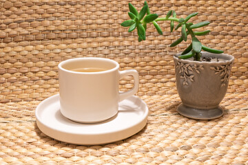 Herbal tea in a white cup. Cactus flower and herbal tea on wicker background. Healthy herbal tea.