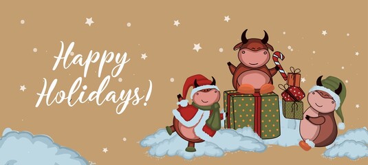Fototapeta na wymiar Christmas cards. year of the bull 2021. craft paper. happy Holidays