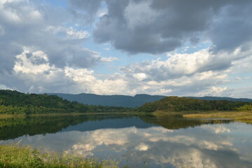 Fototapeta premium landscape of water reservoir lake with mountain background