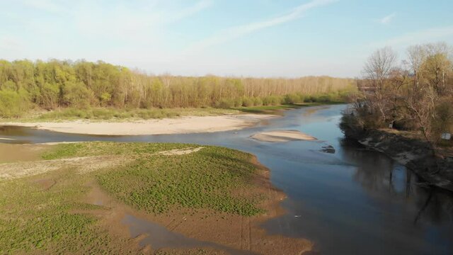 Aerial photo of the spring on the Drava River, with the willows in bloom