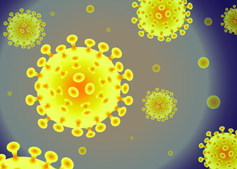 Coronavirus (COVID-19) is yellow gold in color. Infectious virus design over dark blue background. Beautiful template, banner for media, sites, publications, news, prints. Vector illustration.
