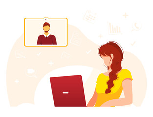 Freelancer woman working on laptop and chatting. Home office, freelance, studying concept. Isolated vector illustration for flyer, poster, banner.