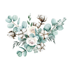 Watercolor eucalyptus and cotton floral arrangement. Floral hand drawn green bouquet isolated on white background.