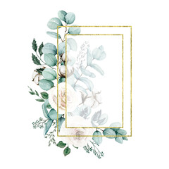 Watercolor rectangle Floral frame. Gold foliage geometric hand drawn frame. Decorated with Eucalyptus branches, cotton and white roses. Herbal greenery composition. 