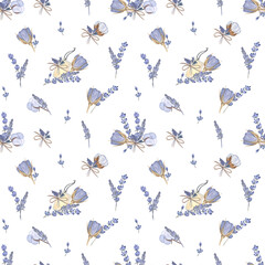 Seamless pattern with blue roses, lavender and cotton flowers. Watercolor hand-drawn elements on white isolated background. Vintage style, cute and beautiful design for fabric and wallpapers. 