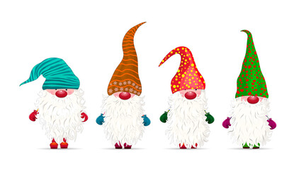 Gnome Christmas character. Collection of little gnomes on a white background. Christmas character. Dwarfs with beards and multi-colored hats