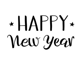 Happy New Year handwritten lettering, modern brush calligraphy. Isolated black and white calligraphic vector text decorated with stars for greeting card, postcard, invitation, web, banner, print, post