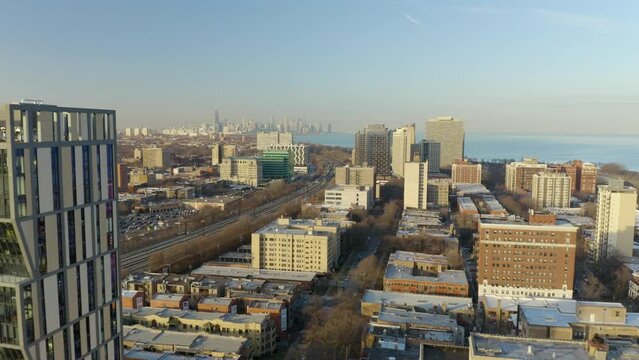 Chicago Skyline from South Side on Clear Day. Bird's Eye Aerial View
