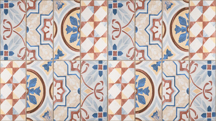 Seamless brown orange blue vintage retro geometric rectangle mosaic motif tiles wall texture background