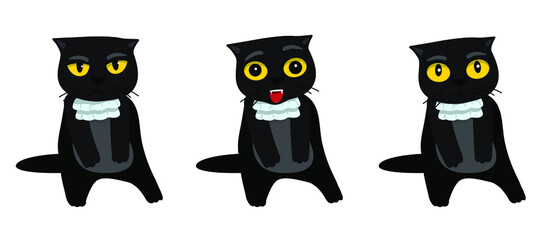 Set of black cat emoji. Crazy kitten with different emotions. Angry, skeptical, happy. Funny cat breaking things comic illustration, cartoon vector drawing.