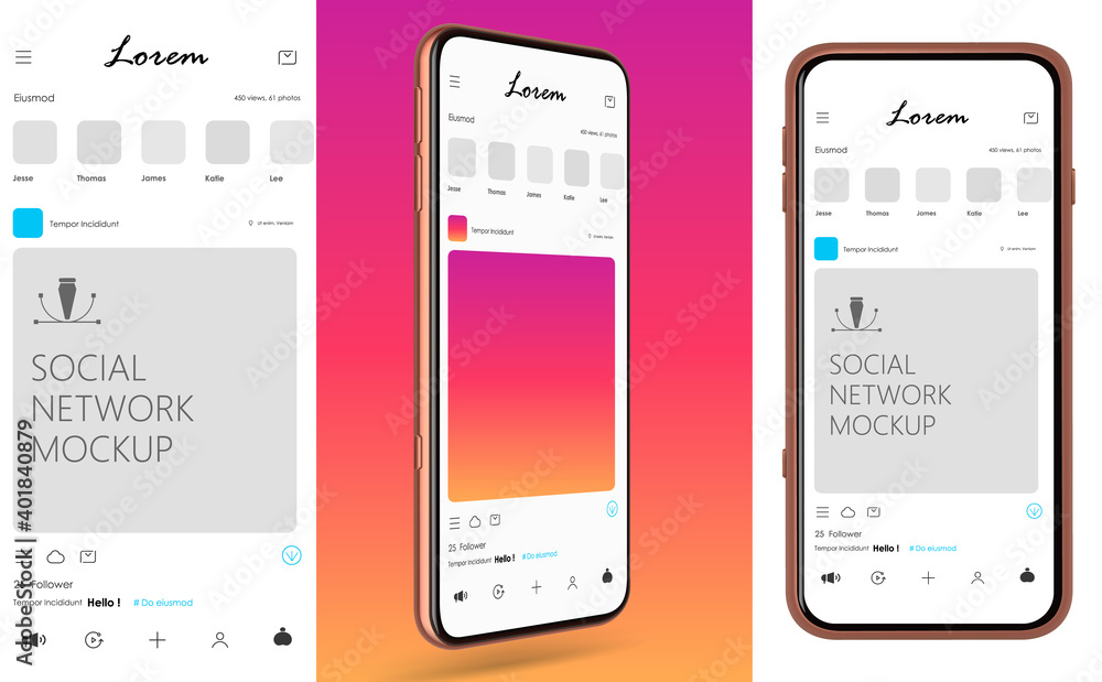 Aufkleber mockup mobile phone of social network screen. smartphone with open social application for your desig