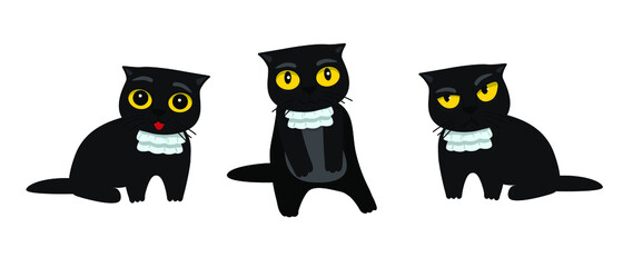 Cats silhouette vector set black cat in a jabot. Cute kitten with different emotions. Angry, skeptical, happy. Funny cat breaking things comic illustration, cartoon vector drawing.