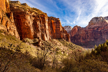 Majestic mountains with sheer cliff faces rise from the valley and the Emerald Pools trail in Zion National Park, Utah.
